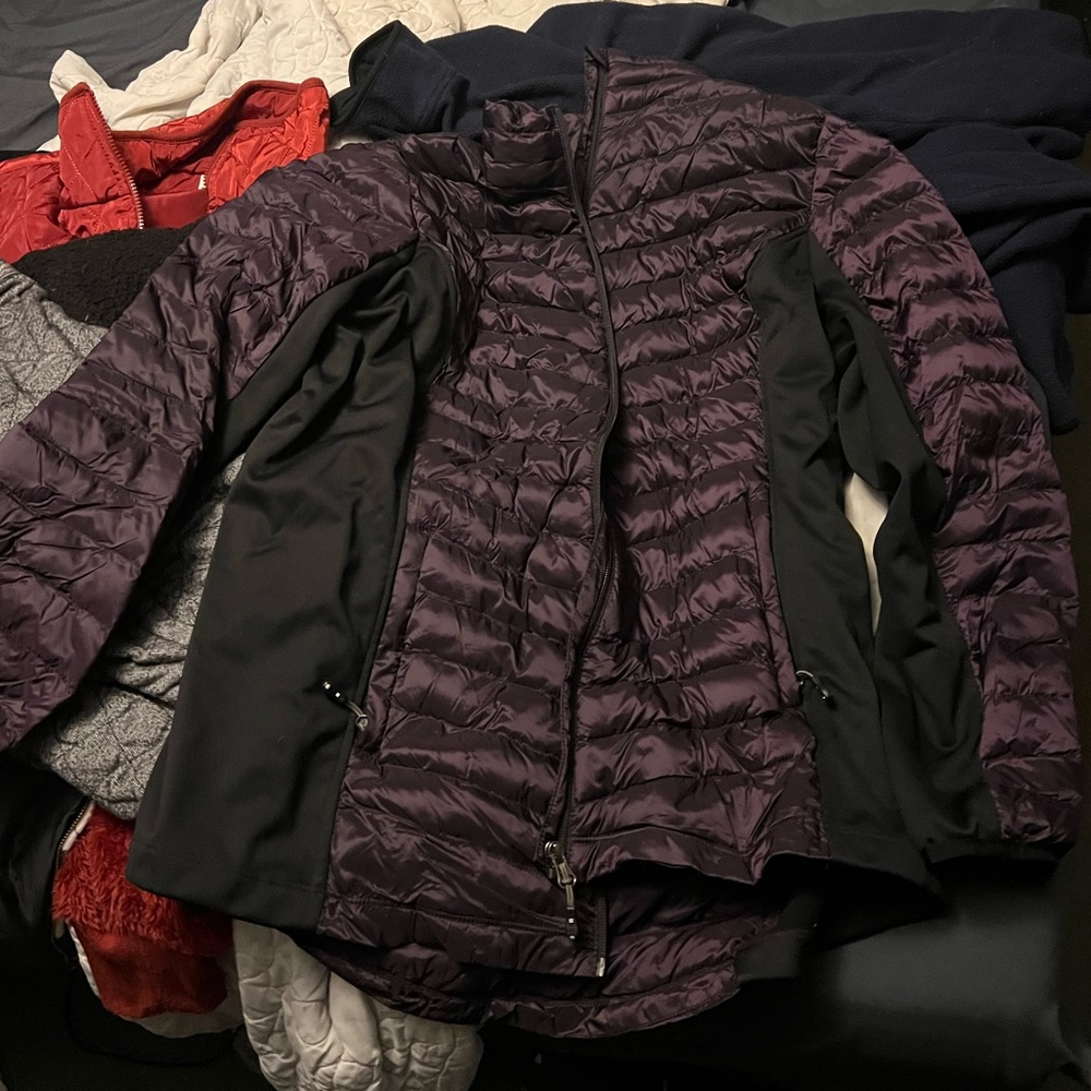 Purple and black puffer coat